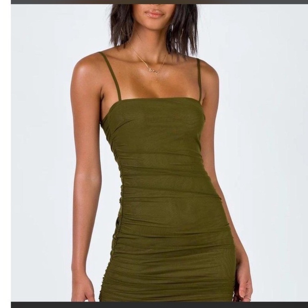 Princess Polly Archer Mini Dress Olive Green Ruched Mesh Bodycon Size US 0